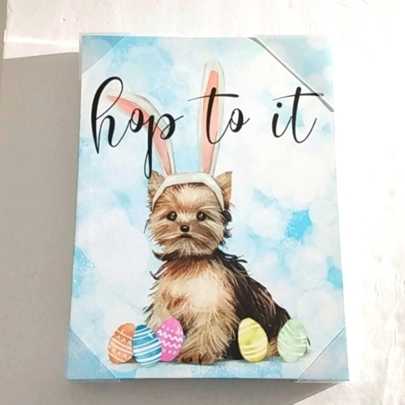 Easter Yorkie Puppy Bunny Ears & Patterned Eggs Stretched Canvas Wall Art NWOT - Picture 3 of 8